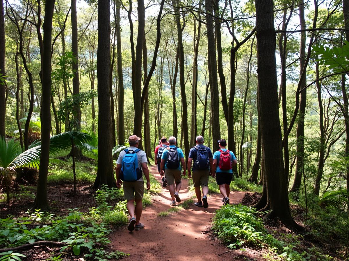 Trekkers walking a forest trail in the Western Ghats